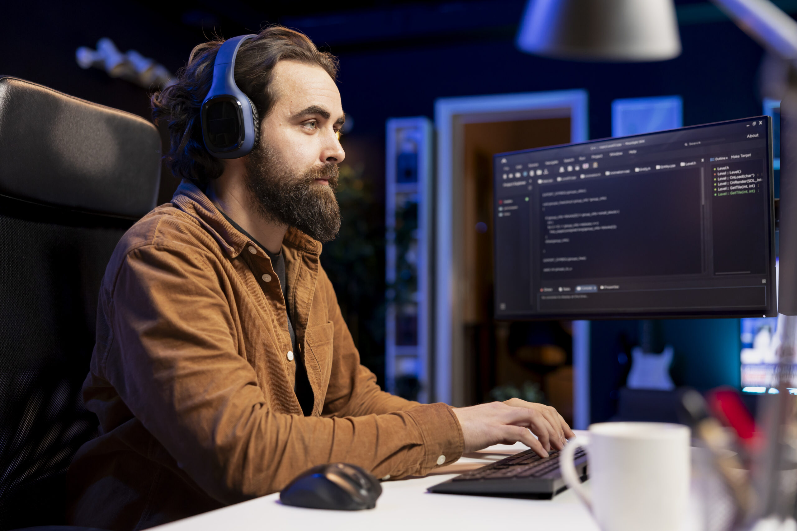 IT developer hearing podcasts while fixing vulnerabilities in software enabling hackers to compromise operating system. Cybersecurity expert enjoying audiobooks, using PC to patch security exposures